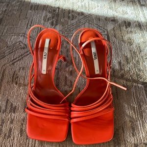 Zara orange/red square toe heels